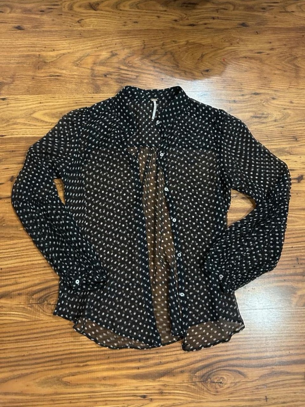 Free People Black Sheer Polka Dot Button-Down Shirt